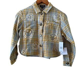 Originality Big Girls Gray Yellow Long Sleeve Smiley Flannel Plaid Shirt Size S